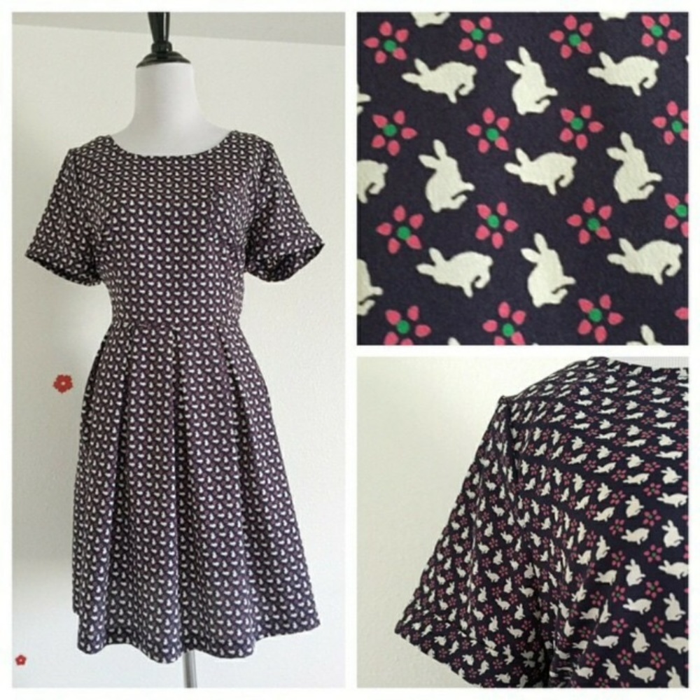 Adorable Navy Pleated Bunny Rabbit Floral Dress